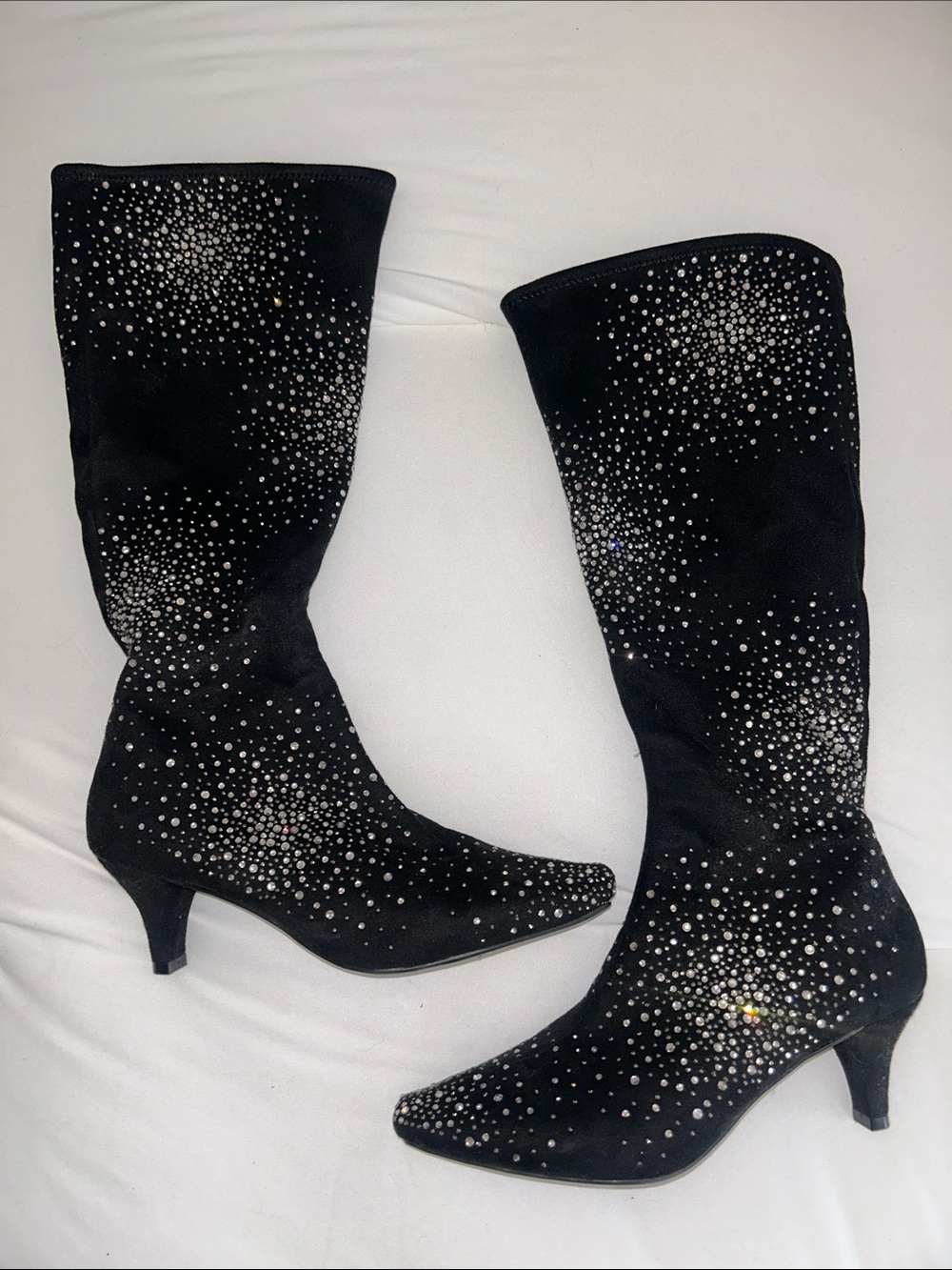 Black Crystal-Studded Knee Boots — Women's Heeled Boots